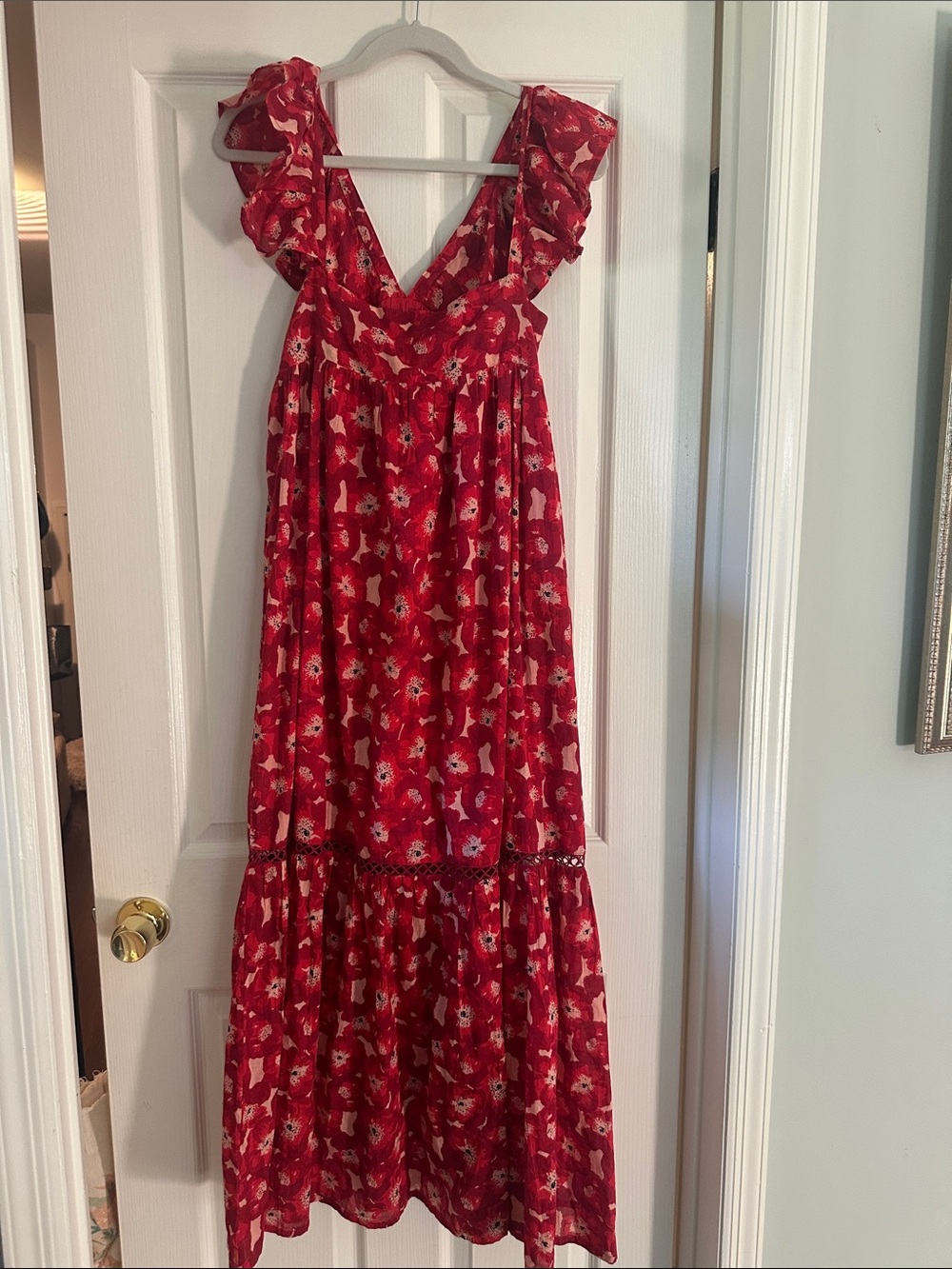Red Floral Ruffle-Shoulder Maxi Dress - Picture 2 of 3
